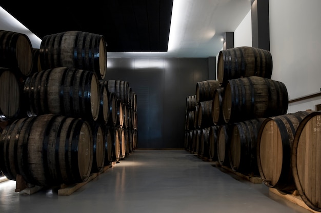 Side view barrels arrangement in wine cellar