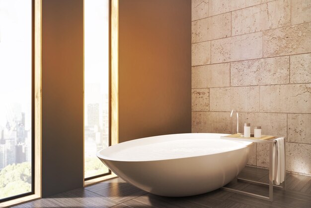 Side view of a bathroom with narrow windows, white tub, concrete walls and wooden floor. 3d rendering. Mock up. Toned image