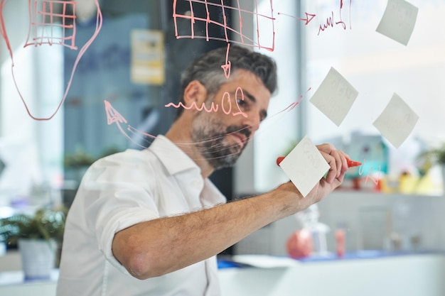 Side view of bearded Hispanic man with marker developing project and drawing scheme on glass board in laboratory