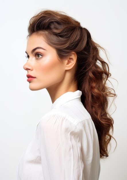 side view beautiful female model in white background