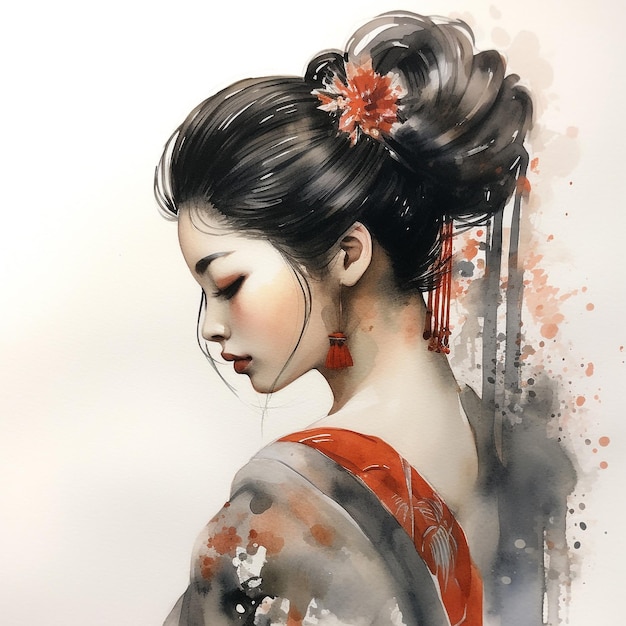 Side view of beautiful geisha in watercolor Generative AI