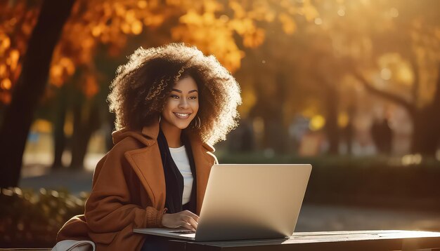 Side view of beautiful girl using laptop in autumn park