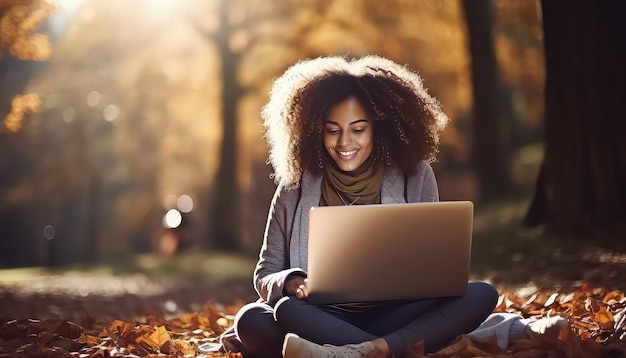 Side view of beautiful girl using laptop in autumn park