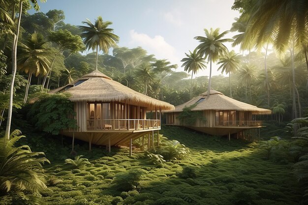 Side view beautiful landscape view Rainforest capsule cottages inspired by straws on the middle of rainforest