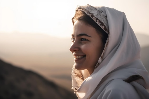 Side View of a Beautiful Moslem Woman with Charming Smile Wearing Arabian Hajj Clothes