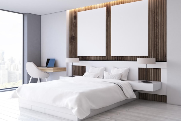 Side view of a bedroom with a white floor, a panoramic window and a computer desk near the bed with two posters above it. 3d rendering, mock up