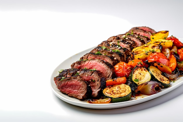 side view beef with spices and grilled vegetableswhite background