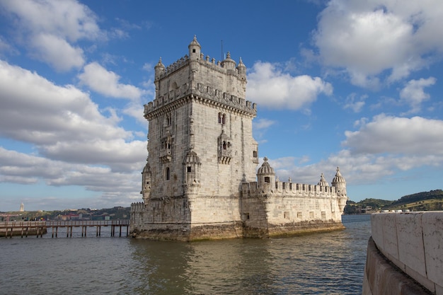 Side view of the belem tower on the river tagus in lisbon