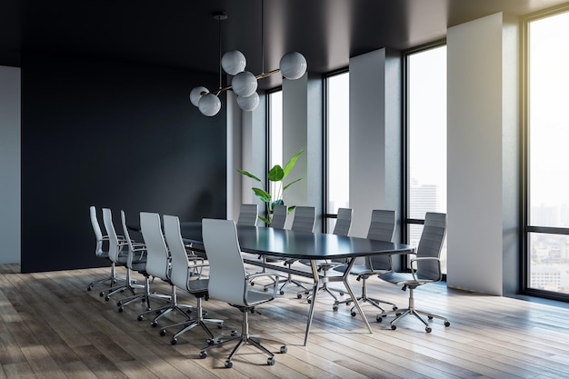 Side view on big black meeting table among light office chairs\
on wooden floor in stylish sunlit conference room with city view\
from windows 3d rendering