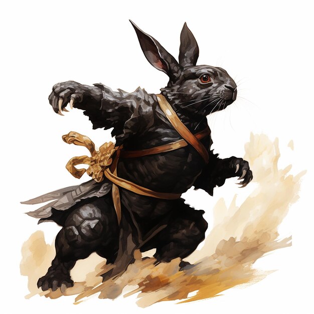 Photo side view of a black rabbit in a black turtle doing karate in a profile view 1