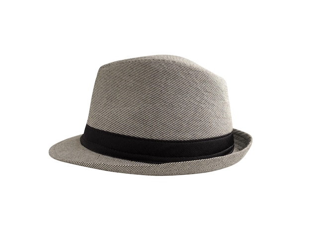 Vista laterale del cappello bianco e nero con fascia capo vestito isolato su bianco