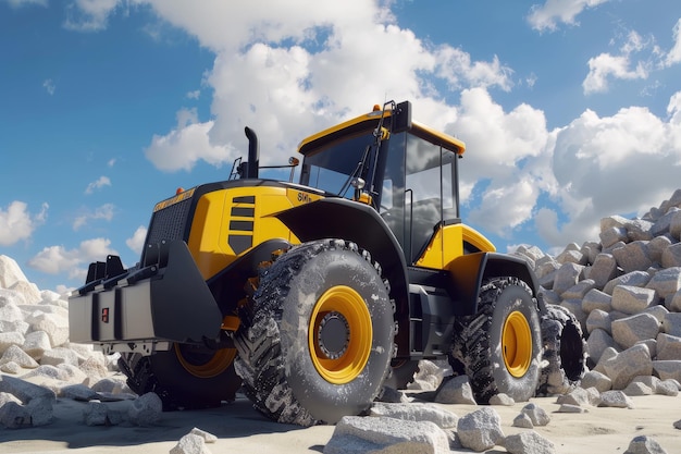 Side view of black yellow front loader with small wheels