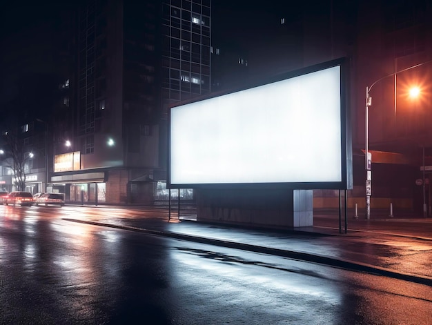 Side view of a blank white advertising billboard at night rainy city street mockup Generative AI