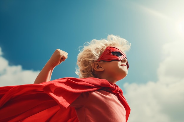 Photo side view of a blond boy dressed as a superhero in a red cape with clenched fist copy space design