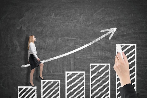 Side view of a blond businesswoman going up a graph on a blackboard drawn by a man. Concept of a career ladder.