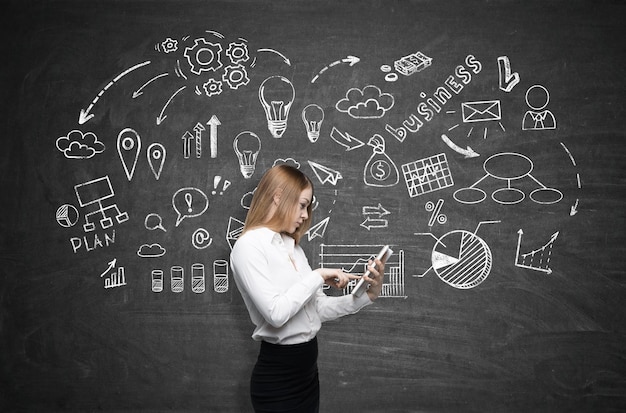 Side view of a blond woman working with her tablet. She is standing near a blackboard with a business sketch drawn on it. Concept of business coaching and education