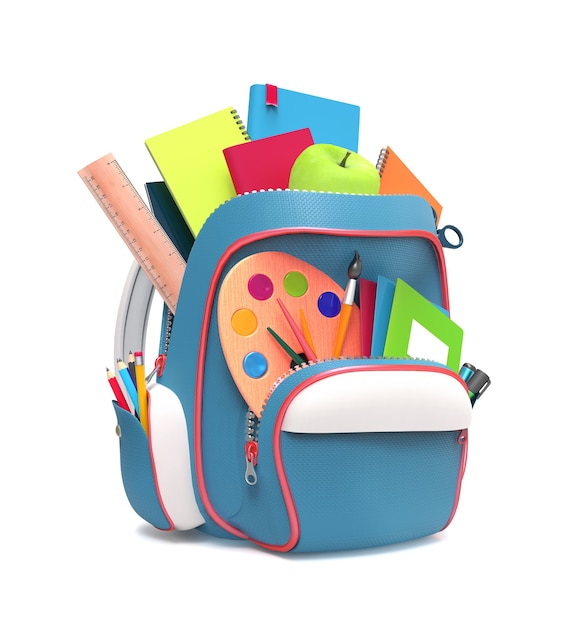 Side view of blue school backpack with pens and copybooks isolated