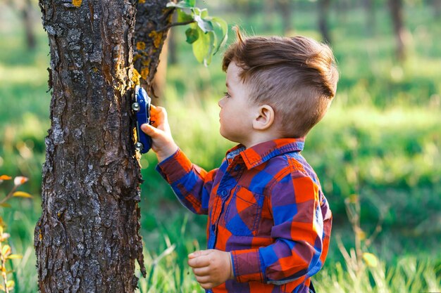 Photo side view of boy on tree trunk