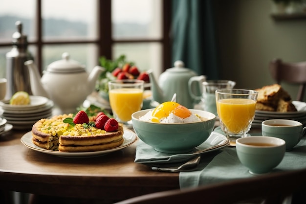 Photo side view of breakfast table served with various food dessert and tea ar c