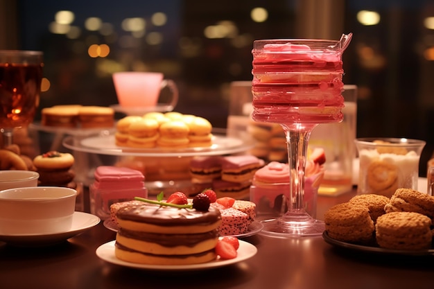 Side view of breakfast table served with various food dessert and tea ar c