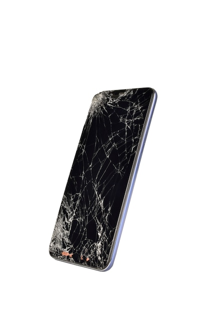 Вид сбоку сломанного экрана телефона с обтравочным контуром