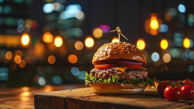 Side view of a burger against a city skyline backdrop