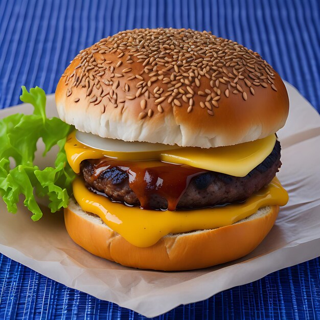 side view of burger with beef meat melted cheese and vegetables on wooden board