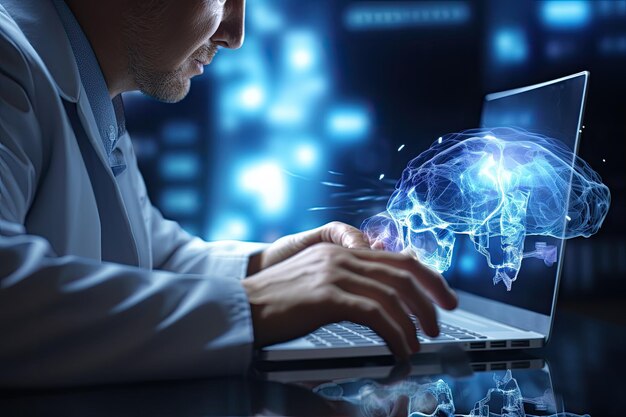 Side view of businessman working on laptop at table in office with glowing sphere hologram Toned image double exposure Medical doctor hand working with modern computer AI Generated