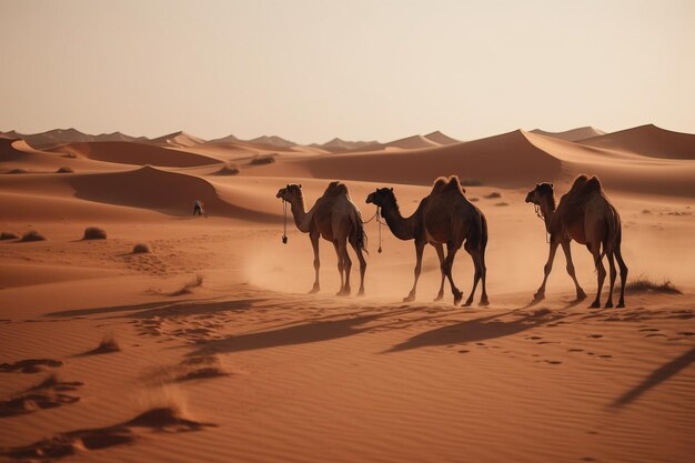 Foto una vista laterale di cammelli che camminano con grazia su un vasto paesaggio desertico hijra' eid makkah