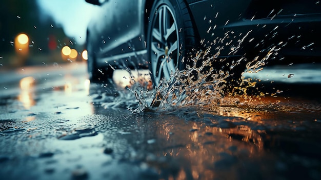 Side view of a car wheel on wet pavement during rain at sunset in the city