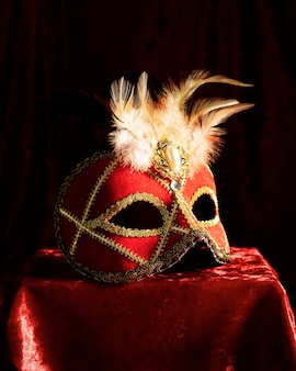Vista laterale di una maschera di carnevale in piedi su un piedistallo