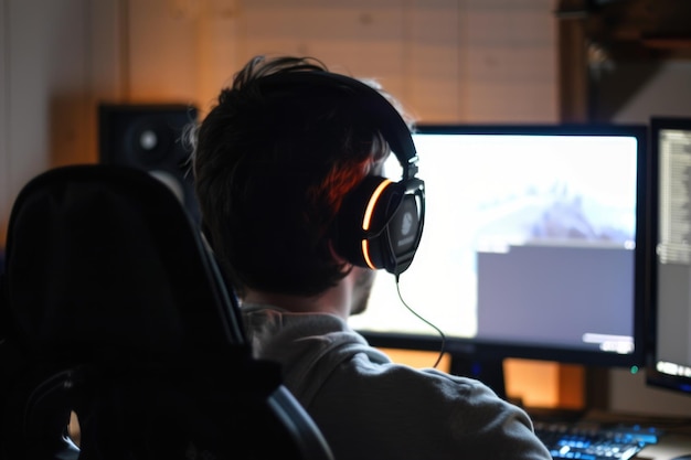 Side view of casual man in headphones working on computer and editing video with color correction