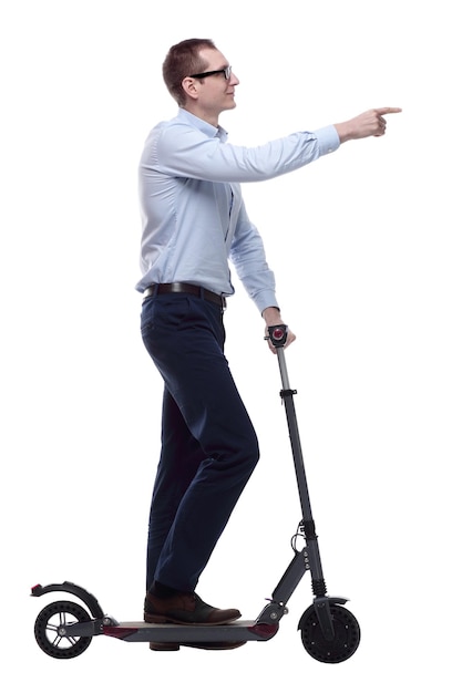 side view casual man with electric scooter looking at you
