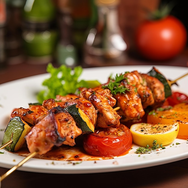 Side view of chicken kebab with grilled vegetables