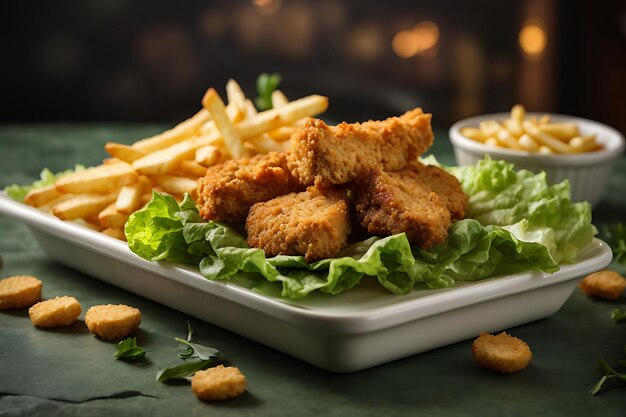 Photo side view chicken sticks with nuggets and french fries on lettuce leaf