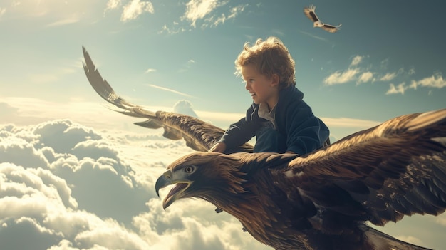 Photo the side view of the child flying into the bright sky with a big eagle aigx03