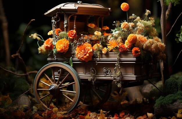 Photo side view of a childs wooden wagon full of pumpkins