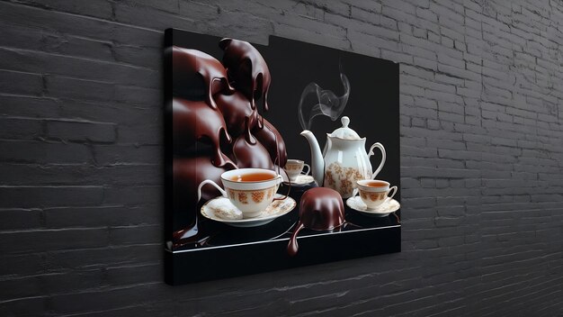 Side view of chocolate candies served with tea on a black wall