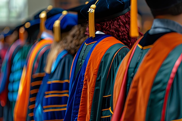 Foto vista laterale ravvicinata sul retro dei laureati universitari cappelli di abiti accademici