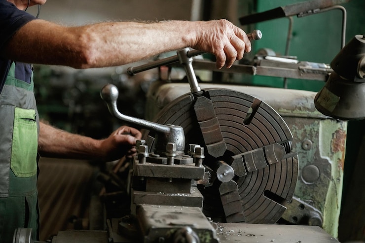 Photo side view closeup of workers hands operating industrial machinery in workshop