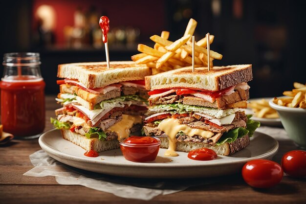 Side view club sandwich with french fries and ketchup with mayonnaise