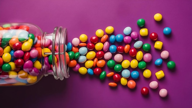 Side view of colorful candies scattered from a glass jar on purple background with copy space