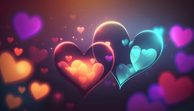 다채로운 심장의 면 뷰 흐릿한 배경 발렌타인 데이 배너 자신의 콘텐츠를 위한 공간과 함께 색 배경 색상 문구를 위한 빈 필드
