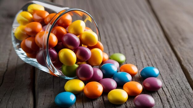 Side view of colorful marmalade candies scattered from a glass on wooden surface