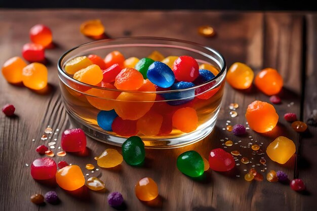 side view of colorful marmalade candies scattered from a glass on wooden surface