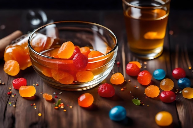 side view of colorful marmalade candies scattered from a glass on wooden surface