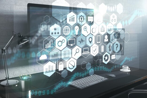 side view of computer monitor with digital business interface blockchain and finance concept double exposure