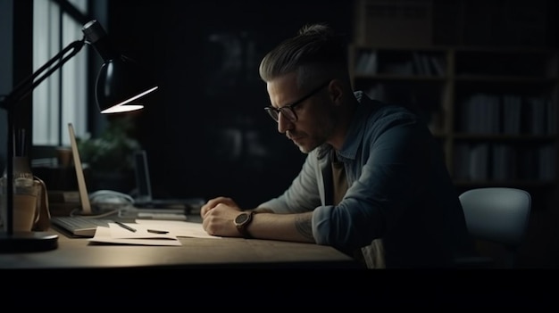 Side view of a concentrated businessman working on computer at night in office