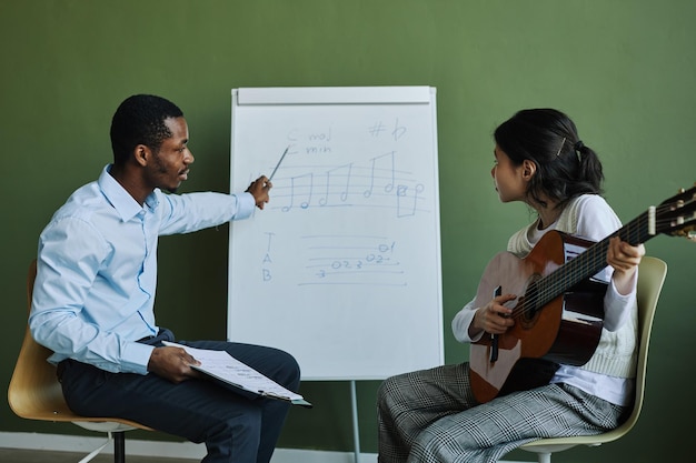 Side view of confident teacher of music explaining musical notes to student with acoustic guitar whi