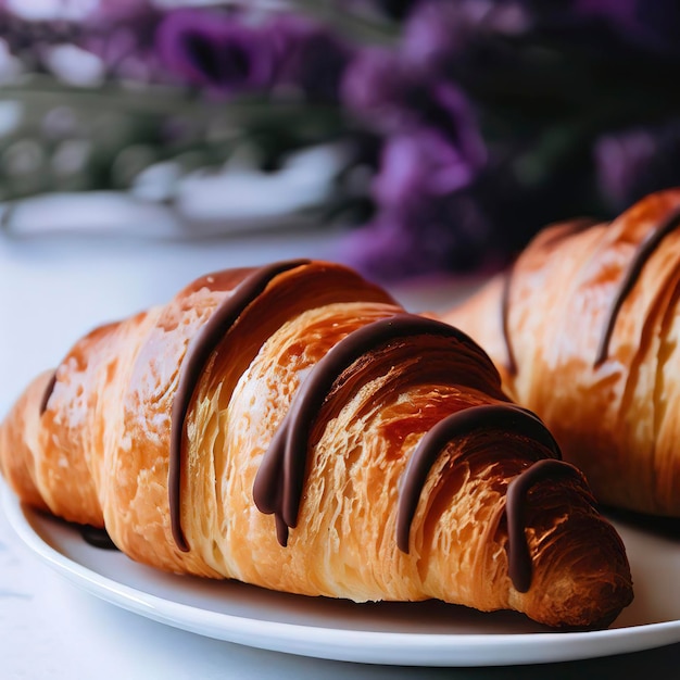 side view of croissants with chocolate on white plate with purple flowers background